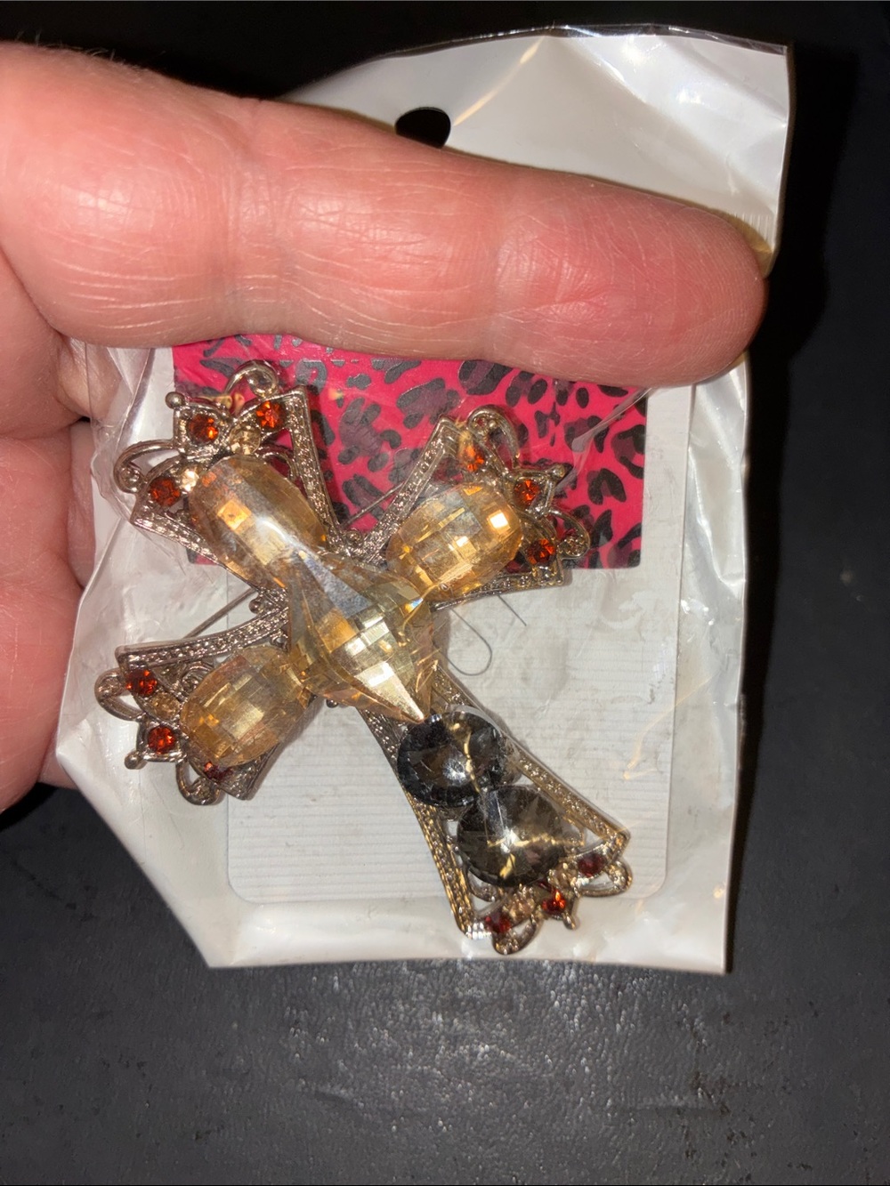 Gold-Tone Crystal Cross Brooch with Amber Accents